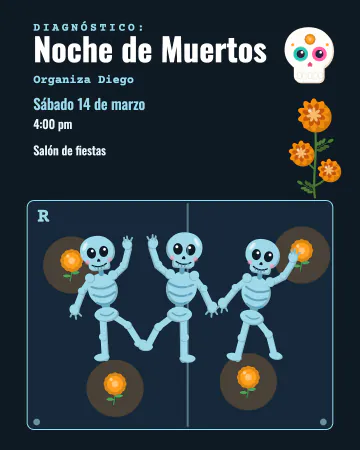 Rayos X de la fiesta. Una placa de rayos X donde tres calacas bailan entre cempasúchil que brilla en rosa.