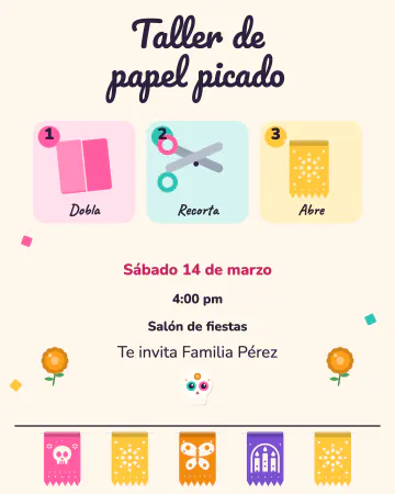 Taller de papel picado. Dobla, recorta y abre: el papel picado en tres dibujos.