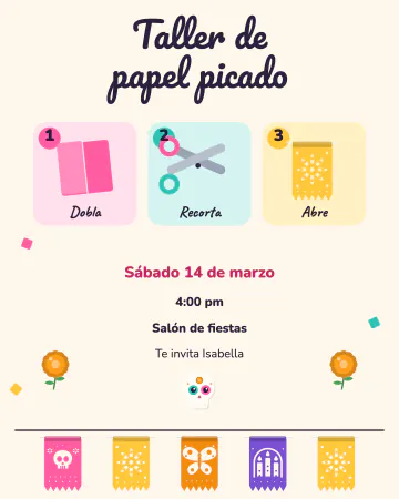 Taller de papel picado. Doblar, recortar y desdoblar, en tres dibujos.