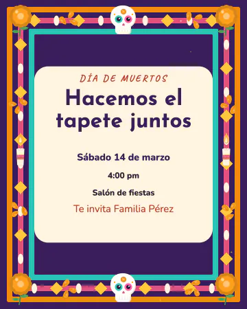 Tapete de aserrín. Un tapete de colores con flores y calaveritas.