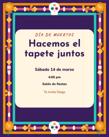 Tapete de aserrín. Un tapete de aserrín de colores visto desde arriba, con flores y calaveritas propias; al centro, el texto.
