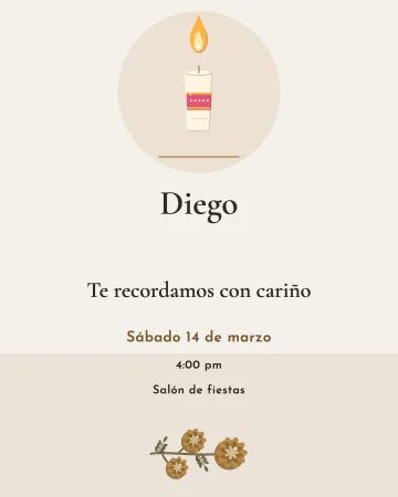 Un año sin ti. Aniversario de un ser querido: blanco hueso, una vela y letra fina.