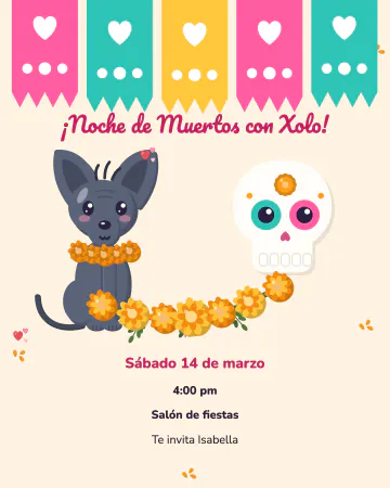 Xolo de fiesta. Un xoloitzcuintle con collar de cempasúchil, sentado junto a una calaverita de azúcar gigante.