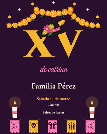 XV de catrina. Corona de cempasúchil con perlas sobre un XV dorado y papel picado.