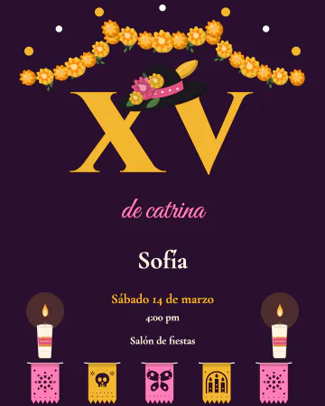 XV de catrina. Una corona de cempasúchil con perlas sobre un XV dorado enorme y una tira de papel picado abajo.