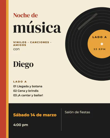Noche de música. Un disco de acetato enorme con tu nombre en el centro.