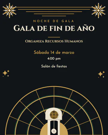 Gala de fin de año. Un abanico dorado y un reloj a punto de dar las doce.