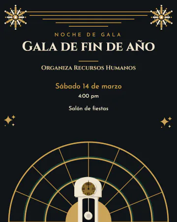 Gala de fin de año. Un abanico dorado enorme con un reloj de medianoche al centro, fuegos artificiales dorados y letras de lujo sobre negro.