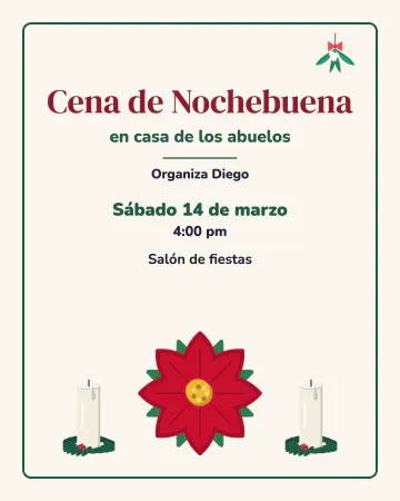 Cena con los abuelos. Letras grandes y claras, mucho aire y una sola flor de nochebuena.