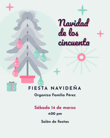 Navidad de los cincuenta. Un árbol plateado con esferas rosa y aqua sobre verde menta.