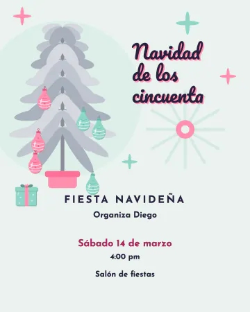 Navidad de los cincuenta. Un árbol plateado de los años cincuenta con esferas rosa y aqua, estrellas atómicas y verde menta de fondo.