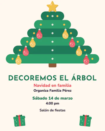 Decoremos el árbol. Un pino verde con esferas colgando y una estrella que gira.