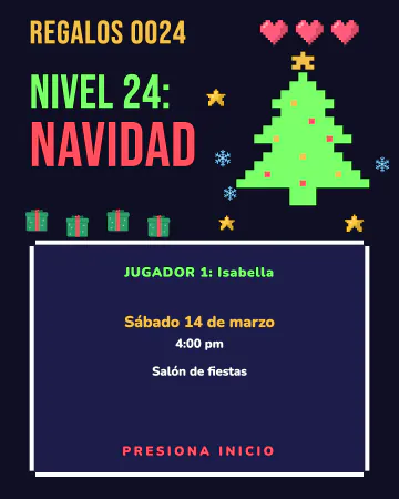 Nivel 24: Navidad. Pantalla de videojuego con marcador de regalos, vidas, monedas y un pino de píxeles.