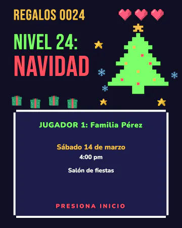 Navidad de videojuego. Un pino de pixeles, monedas y un marcador de regalos.