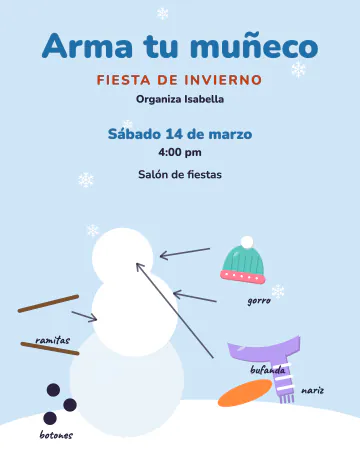 Arma tu muñeco. Las piezas de un muñeco de nieve sueltas, como un kit para armar, con flechitas escritas a mano.