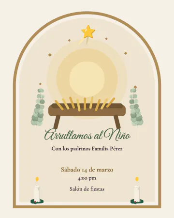 Arrullamos al Niño. Un pesebre de paja con su luz y marco dorado.