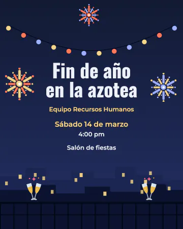 Fin de año en la azotea. La ciudad de noche, copas y fuegos artificiales.