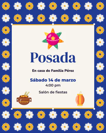 Posada de azulejos. Azulejos azules con piñata, ponche y farolito.