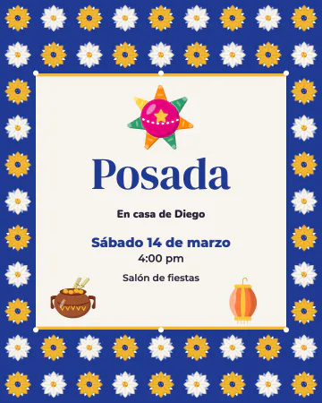Azulejos de posada. Un marco de azulejos azul cobalto con una piñata, una olla de ponche y un farolito en el centro crema.