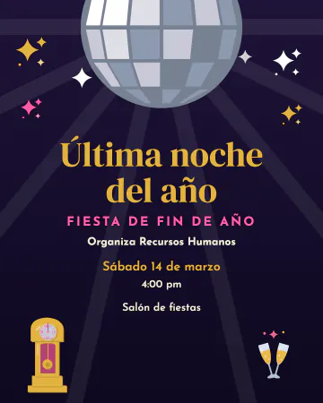 Bola disco de Año Nuevo. Bola disco, copas y el reloj a punto de dar las doce.