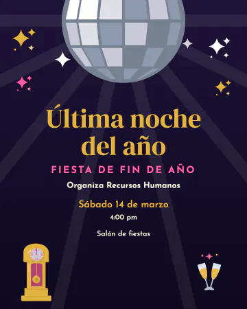 Última noche del año. Una bola disco gigante cuelga de arriba con haces de luz y destellos, con un reloj de medianoche y copas de brindis, en…