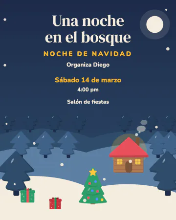 Una noche en el bosque. Cuatro capas de papel recortado con pinos y una cabaña encendida bajo la luna, con nieve cayendo.