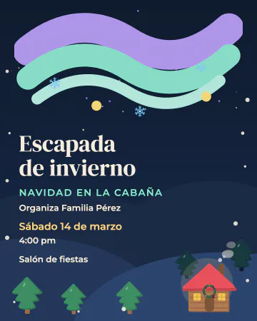 Escapada de invierno. Una cabaña nevada bajo una aurora de colores.