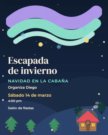 Escapada de invierno. Una cabaña nevada bajo una aurora de colores, con humo en la chimenea y copos cayendo.