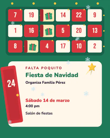 Calendario de Navidad. Un calendario de puertitas con la 24 abierta: ahí va la invitación.