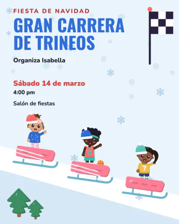 Carrera de trineos. Tres niños bajan en trineo por una colina nevada con sus estelas, rumbo a una bandera de cuadros.