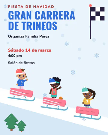 Carrera de trineos. Tres trineos bajan por la colina nevada rumbo a la meta.