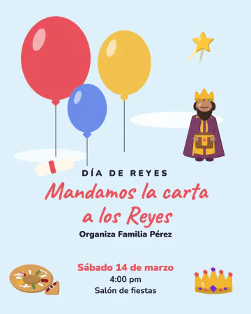 Carta a los Reyes. Tres globos suben con la carta, la rosca y la corona.