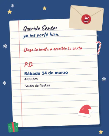 Querido Santa. Una hoja de cuaderno con la carta escrita a mano y un sobre con sello que asoma.
