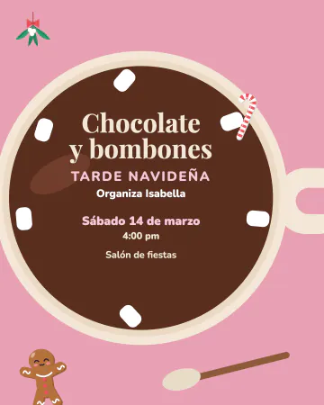 Chocolate y bombones. Una taza de chocolate caliente vista desde arriba con bombones en la orilla; el texto flota sobre el chocolate.