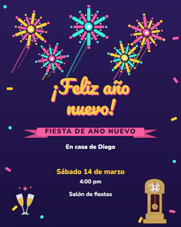 ¡Feliz año nuevo!. Un cielo morado lleno de fuegos artificiales que giran, con confeti cayendo y un listón con el lugar.
