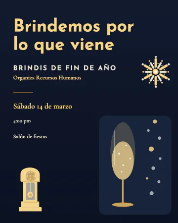 Brindemos. Una copa alta abajo a la derecha de la que suben burbujas, con fuegos artificiales y un reloj de medianoche, sobre azul…