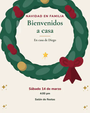 Bienvenidos a casa. Una corona de puerta enorme de pino, bayas y moño, recortada por los lados, con tu texto en su hueco.