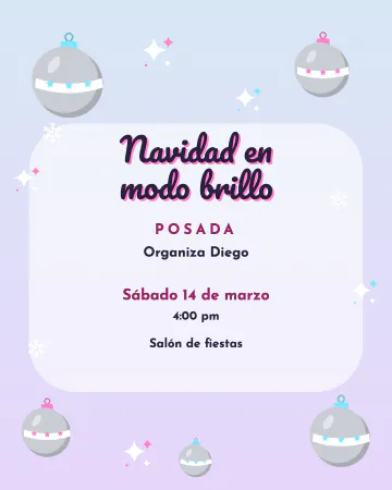 Navidad en modo brillo. Esferas cromadas flotando sobre un degradado de hielo a lila, con destellos y una burbuja blanca para tus datos.