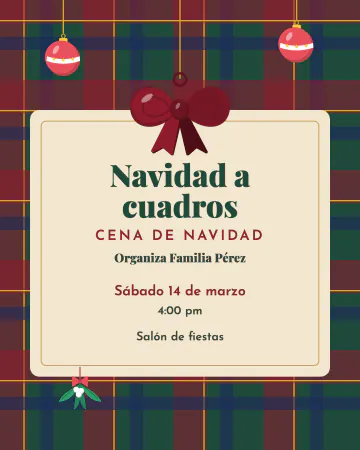 Navidad a cuadros. Cuadros verde y vino, un moño y muérdago.