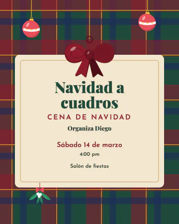 Navidad a cuadros. Un tartán propio de verde, vino y azul marino con una etiqueta crema, un moño, esferas colgando y muérdago.