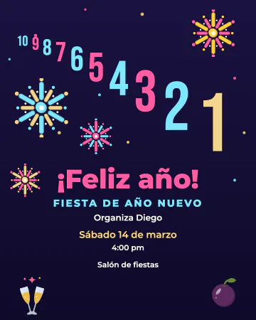 10, 9, 8…. Una cuenta regresiva de números que crecen en arco hasta el 1, con fuegos artificiales, copas y uvas.