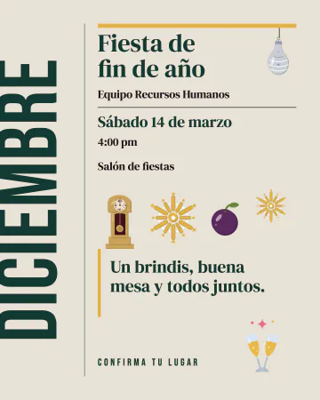 Diciembre. La palabra DICIEMBRE gigante, girada y cortada por el borde, con una columna de texto como de revista, copas de brindis…