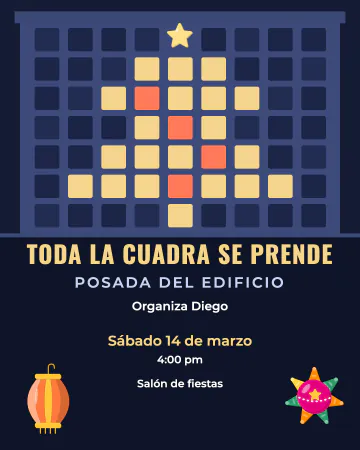 La cuadra se prende. Un edificio de noche cuyas ventanas encendidas dibujan un pino, con una estrella arriba.