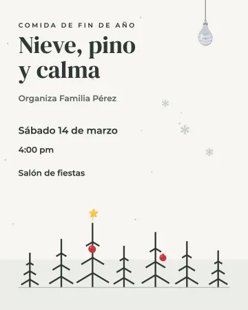 Pinos y nieve. Pinitos de línea fina, una estrella y nieve suave sobre blanco.