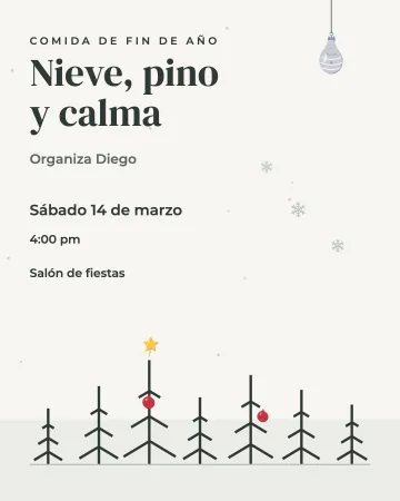 Pino y calma. Siete pinos de línea fina sobre blanco cálido con una estrella de Belén, una esfera colgando y nieve gris muy suave.