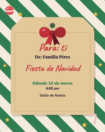 Etiqueta de regalo. Una etiqueta de regalo con moño sobre papel a rayas: «Para ti, de…».