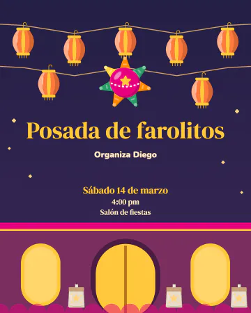 Posada de farolitos. Farolitos de papel y una piñata colgados en zigzag sobre una fachada colonial iluminada, con luminarias en la banqueta.