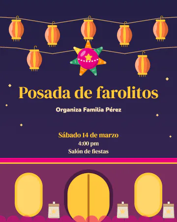 Posada de farolitos. Farolitos de papel y piñata colgados frente a una casa con las ventanas prendidas.
