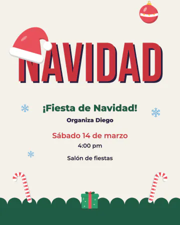 El gorro en la N. La palabra NAVIDAD enorme, con un gorro navideño ladeado sobre la N y una orilla de ondas verdes abajo.