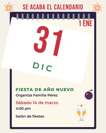 Hoja del calendario. El 31 de diciembre se despega y aparece el 1 de enero, con uvas y copas.